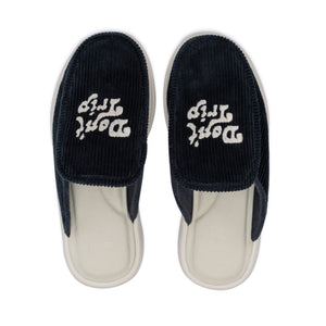 F&E x Lusso Cloud Esto navy slipper with white Don't Trip embroidery on white background, top view - Free & Easy