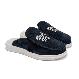 F&E x Lusso Cloud Esto navy corduroy slipper with white Don't Trip embroidery on white background, top side view - Free & Easy