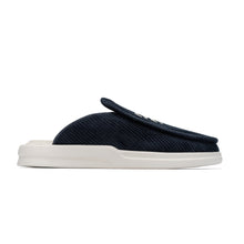 Load image into Gallery viewer, F&amp;E x Lusso Cloud Esto navy slipper with white Don&#39;t Trip embroidery on white background, side view - Free &amp; Easy
