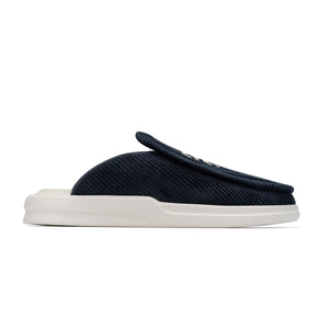 F&E x Lusso Cloud Esto navy slipper with white Don't Trip embroidery on white background, side view - Free & Easy