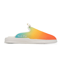 Load image into Gallery viewer, F&amp;E x Lusso Cloud Pelli gradient multicolor slippers with white Don&#39;t Trip embroidery on a white background, side view - Free &amp; Easy
