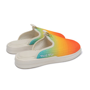 F&E x Lusso Cloud Pelli gradient multicolor slippers with white Don't Trip embroidery on a white background, back side view - Free & Easy