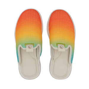 F&E x Lusso Cloud Pelli gradient multicolor slippers with white Don't Trip embroidery on a white background, top view - Free & Easy
