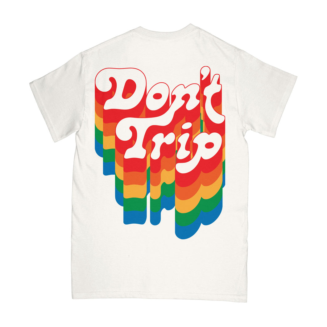 Don't Trip Drip SS Tee in off-white with multicolor Don't Trip design on a white background - Free & Easy