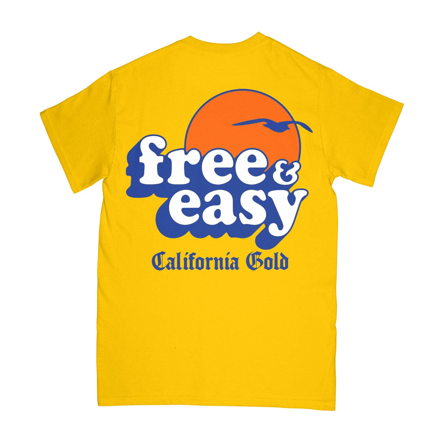 Baja Sun SS Tee in yellow with white navy and orange Free & Easy California Gold sun bird design on a white background, back - Free & Easy