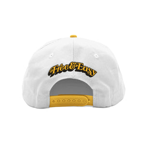 Be Happy LA white hat yellow brim with Free & Easy yellow and black logo on white background, back view - Free & Easy