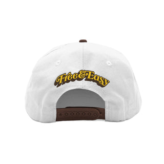 Free & Easy white and brown hat with yellow and brown Free & Easy logo on a white background, back - Free & Easy