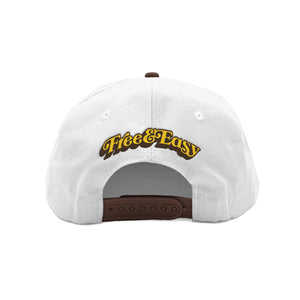 Free & Easy white and brown hat with yellow and brown Free & Easy logo on a white background, back - Free & Easy