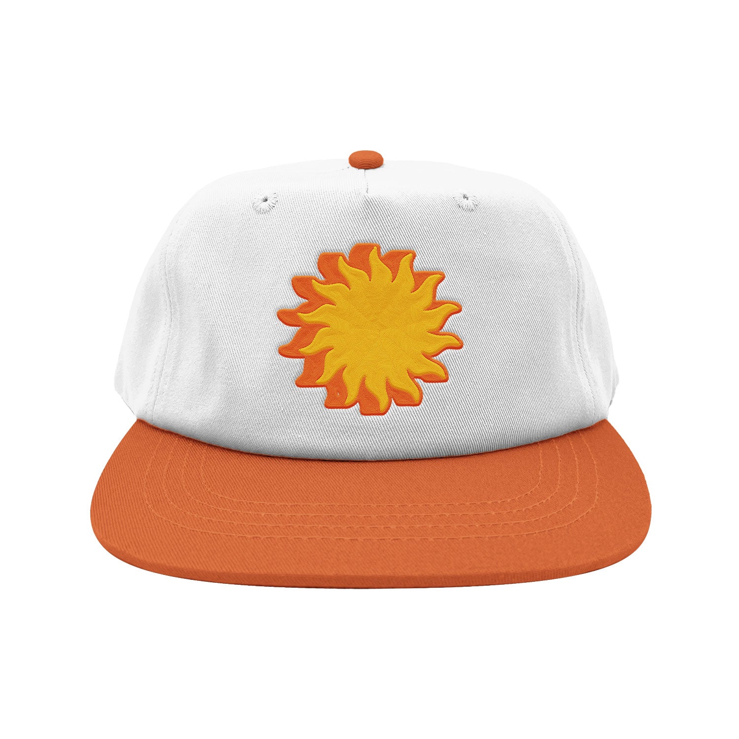 Sun Shadow white and orange hat with yellow and orange sun embroidery on a white background, front - Free & Easy