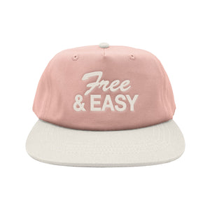 Free & Easy pink hat white brim with white embroidered Free & Easy logo on white background, front - Free & Easy