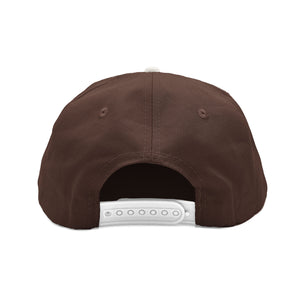 Don't Trip brown hat white brim with white embroidered Don't Trip logo on white background, back - Free & Easy