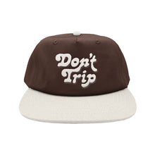 Load image into Gallery viewer, Don&#39;t Trip brown hat white brim with white embroidered Don&#39;t Trip logo on white background, front - Free &amp; Easy
