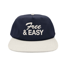 Load image into Gallery viewer, Free &amp; Easy navy hat white brim with white embroidered Free &amp; Easy logo on white background, front - Free &amp; Easy
