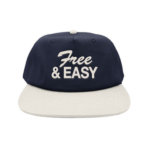 Free & Easy navy hat white brim with white embroidered Free & Easy logo on white background, front - Free & Easy