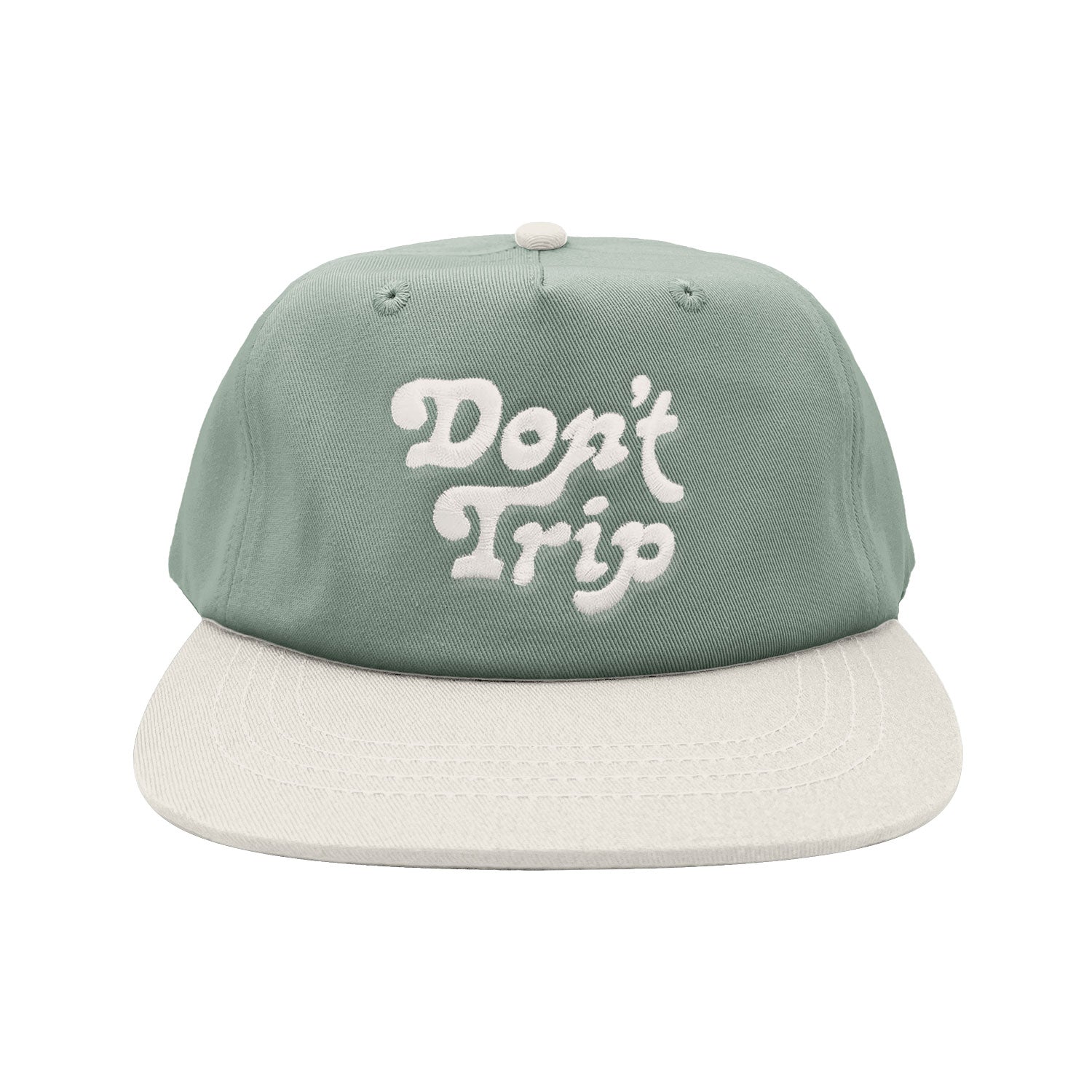 Don't Trip sage and white hat with white embroidered Don't Trip logo on white background - Free & Easy