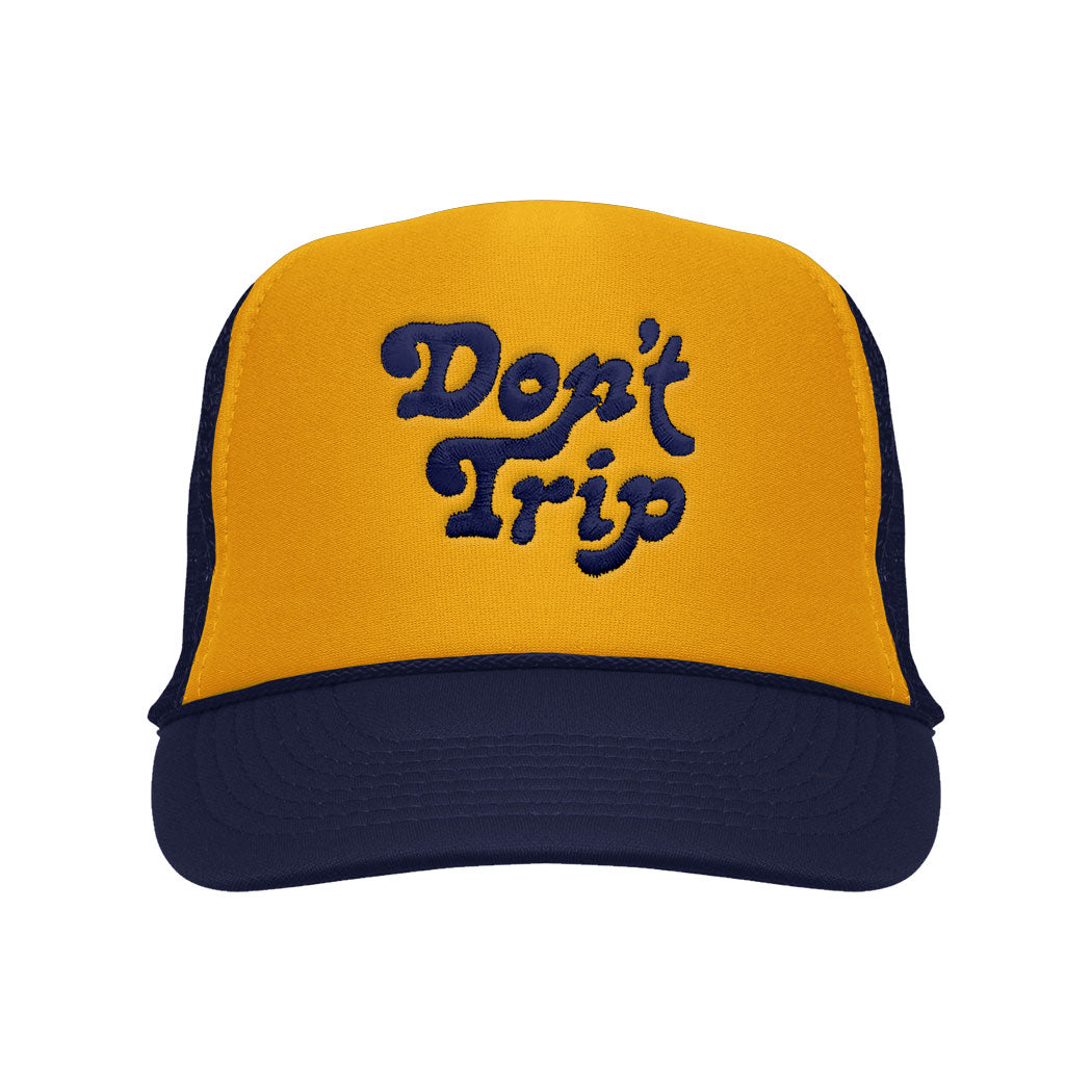 Don't Trip yellow foam trucker hat with navy mesh and brim, navy embroidered Don't Trip logo on white background, front - Free & Easy