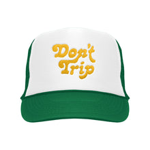 Load image into Gallery viewer, F&amp;E x Party Shirt Don&#39;t Trip Embroidered White/Green Trucker Hat with yellow Don&#39;t Trip embroidery on a white background - Free &amp; Easy
