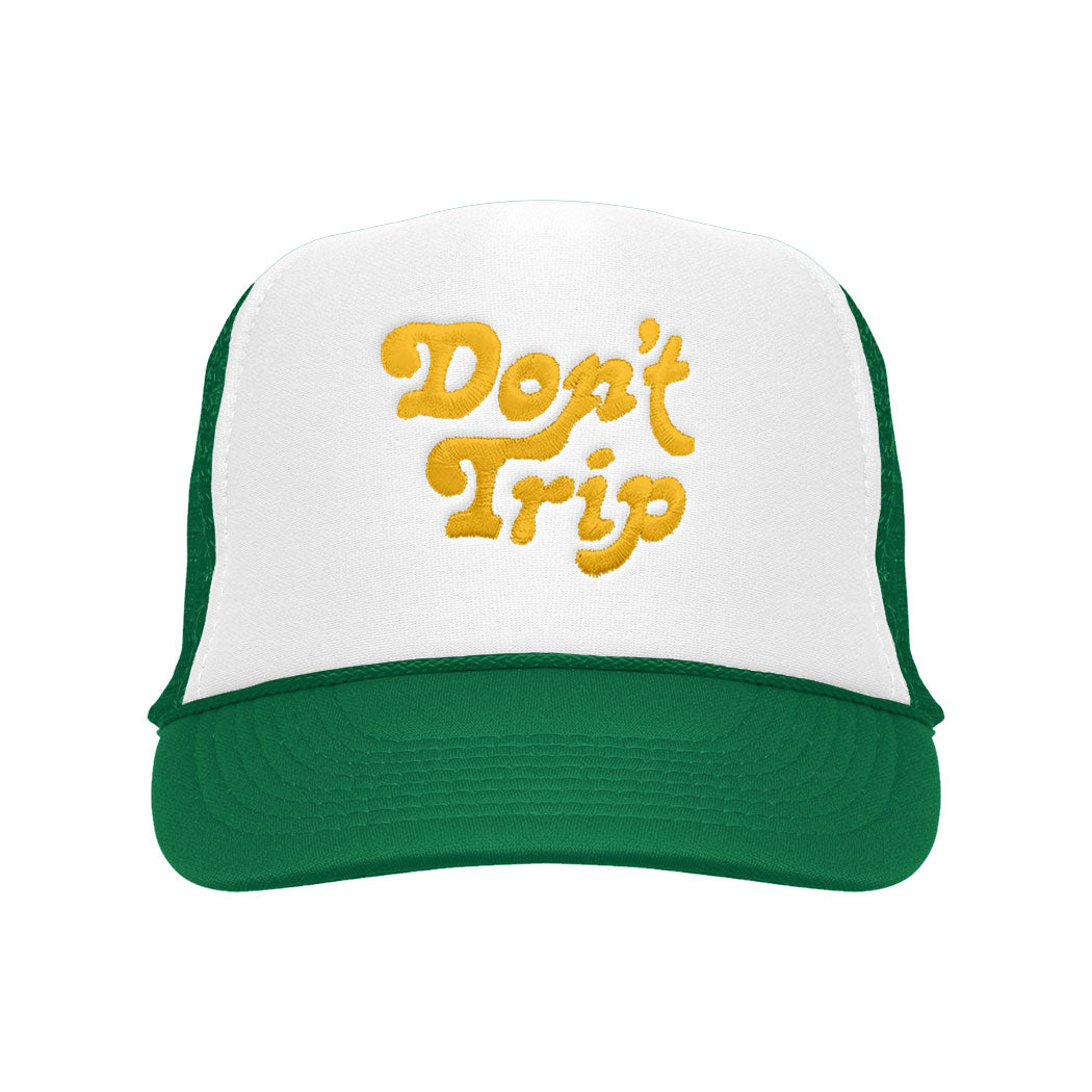F&E x Party Shirt Don't Trip Embroidered White/Green Trucker Hat with yellow Don't Trip embroidery on a white background - Free & Easy