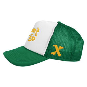 F&E x Party Shirt Don't Trip Embroidered White/Green Trucker Hat with yellow X embroidery on a white background, side view - Free & Easy
