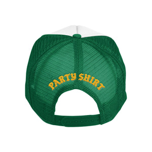 F&E x Party Shirt Don't Trip Embroidered White/Green Trucker Hat with yellow Party Shirt embroidery on a white background, back view - Free & Easy