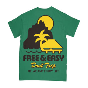 Bali Hai SS Tee in green with yellow and brown design on a white background -Free & Easy