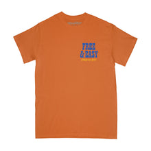 Load image into Gallery viewer, Motel Short Sleeve Tee in orange with navy and yellow design on a white background -Free &amp; Easy
