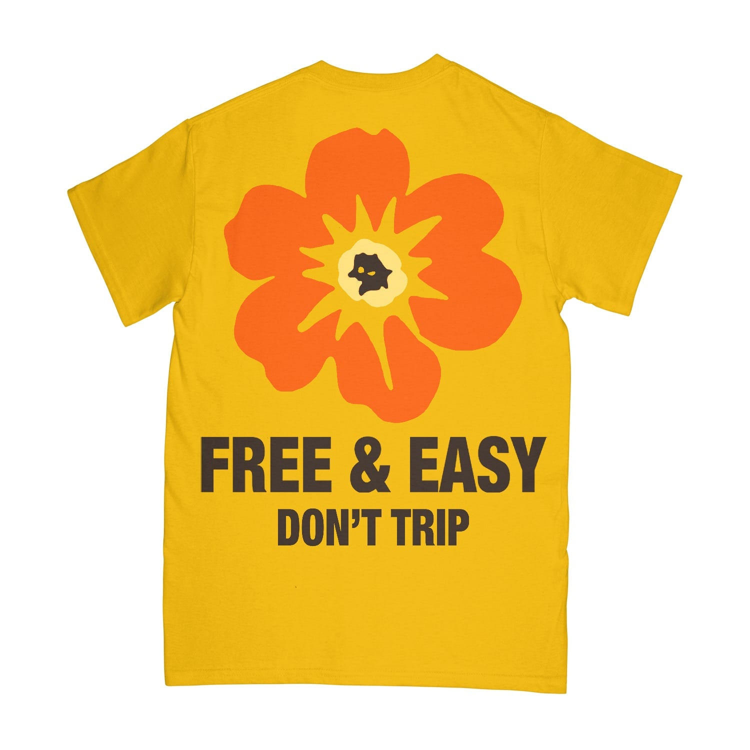 Island Flower Short Sleeve Tee in yellow with an oraange flower and brown Free & Easy Don't Trip on a white background - Free & Easy