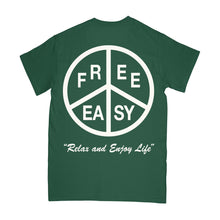 Load image into Gallery viewer, Peace short sleeve tee in green with a white peace Relax and Enjoy Life design on a white background -Free &amp; Easy
