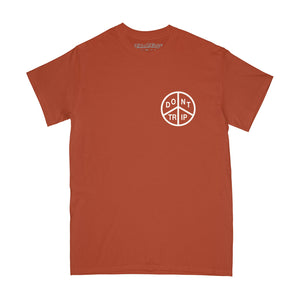 Peace short sleeve tee in red with a white peace Relax and Enjoy Life design on a white background -Free & Easy