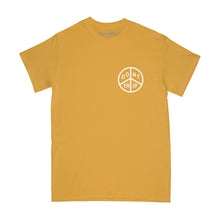 Load image into Gallery viewer, Peace short sleeve tee in mustard with a white peace Relax and Enjoy Life design on a white background -Free &amp; Easy

