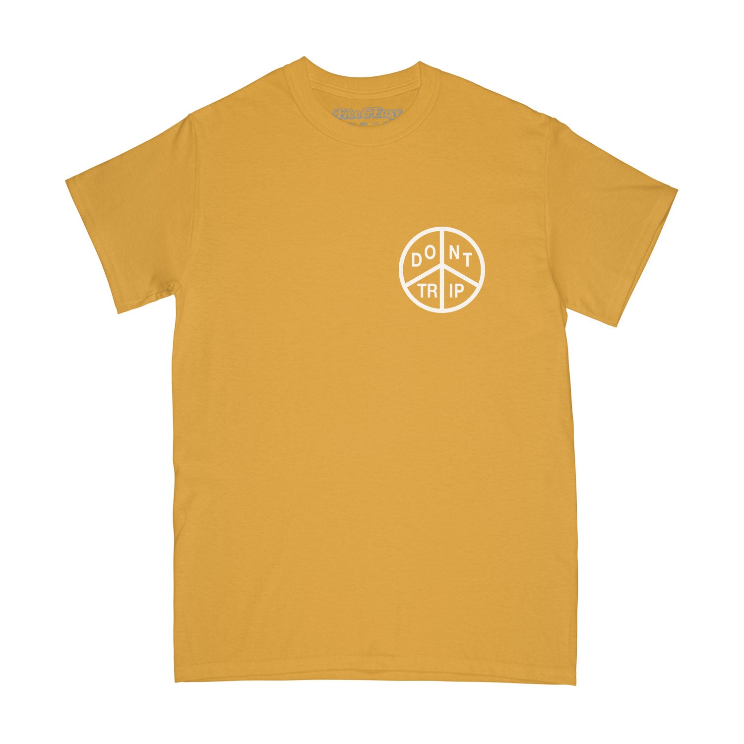Peace short sleeve tee in mustard with a white peace Relax and Enjoy Life design on a white background -Free & Easy
