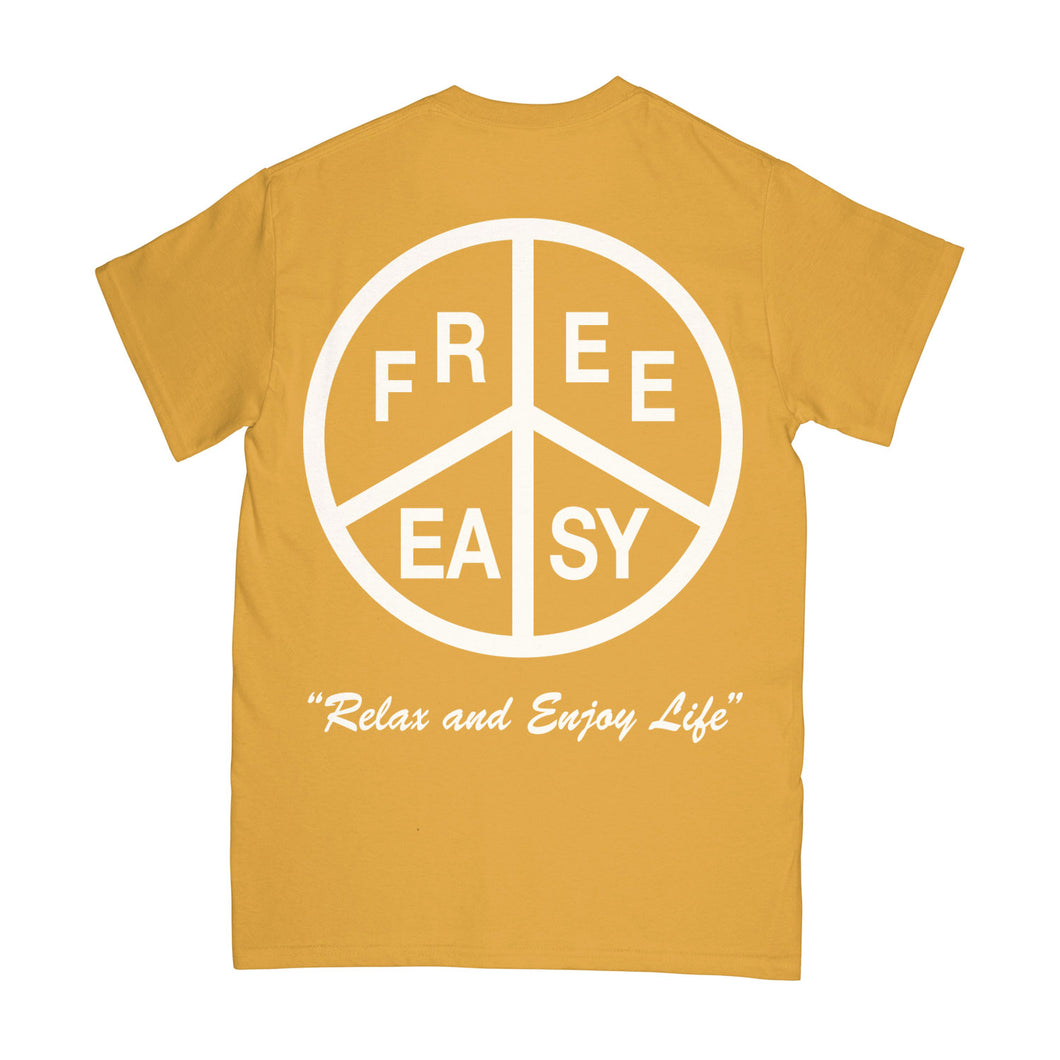 Peace short sleeve tee in mustard with a white peace Relax and Enjoy Life design on a white background -Free & Easy