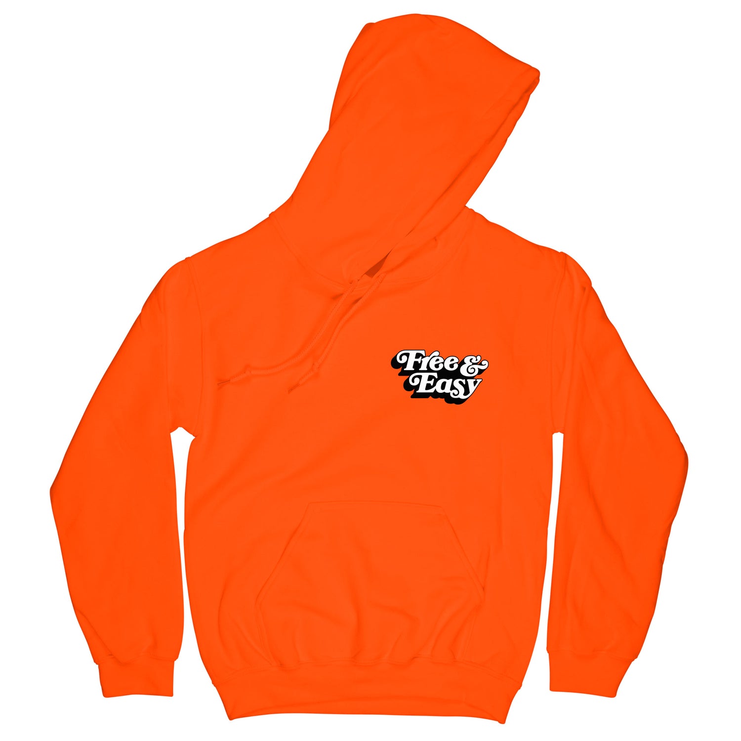 Don't Trip OG Hoodie in neon orange with white and black Free & Easy logo design on front left side on a white background - Free & Easy
