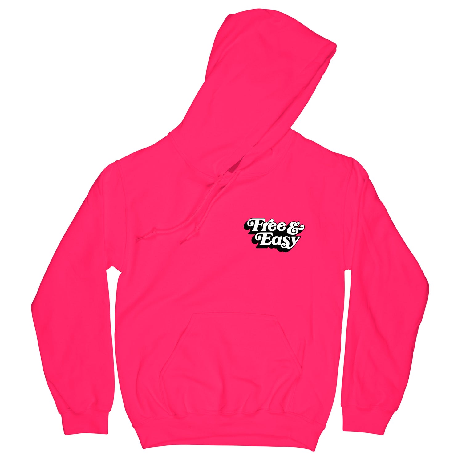 Don't Trip OG Hoodie in neon pink with white and black Free & Easy logo design on front left side on a white background - Free & Easy