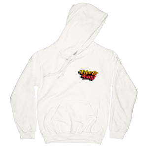 Don't Trip Drop Shadow OG Hoodie in white with multicolor gradient and black Free & Easy logo on left front chest on white background - Free & Easy