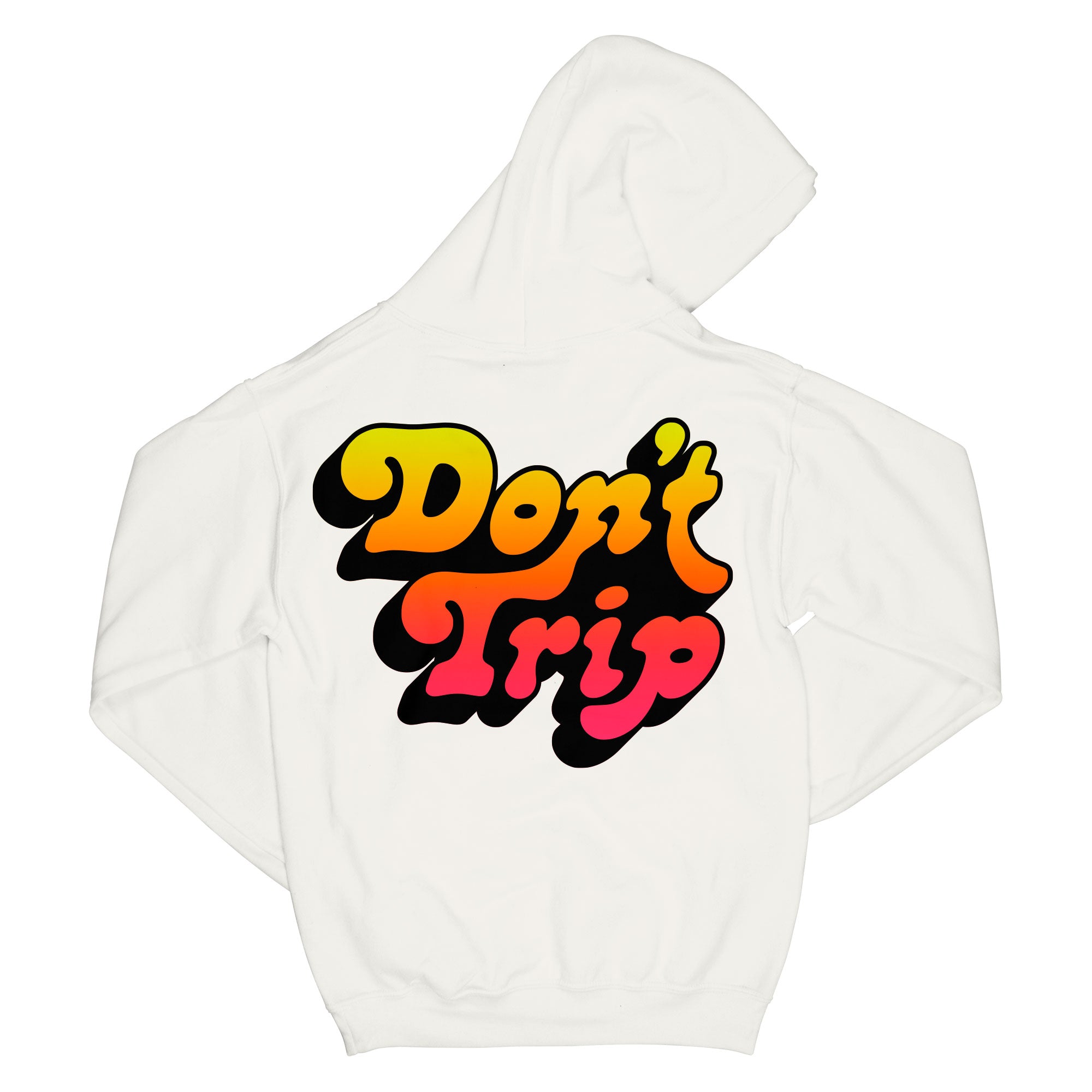 Don't Trip Drop Shadow OG Hoodie in white with multicolor gradient and black Don't Trip logo on back on white background - Free & Easy
