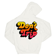 Load image into Gallery viewer, Don&#39;t Trip Drop Shadow OG Hoodie in white with multicolor gradient and black Don&#39;t Trip logo on back on white background - Free &amp; Easy
