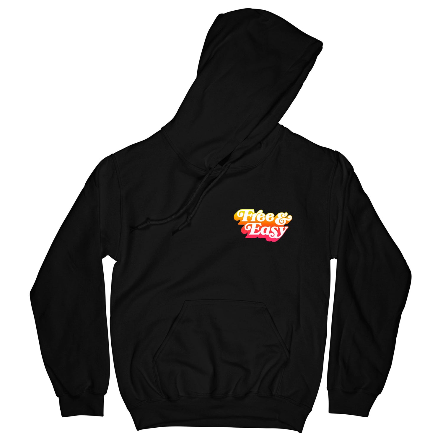 Don't Trip OG Hoodie in black with multicolor gradient Free & Easy logo design on front left side on a white background - Free & Easy