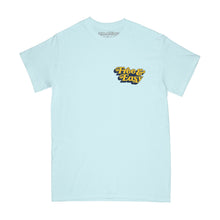 Load image into Gallery viewer, Be Happy LA SS Tee in light blue with a yellow and navy LA smiley face design on a white background -Free &amp; Easy
