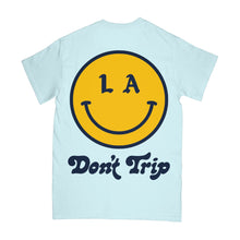 Load image into Gallery viewer, Be Happy LA SS Tee in light blue with a yellow and navy LA smiley face design on a white background -Free &amp; Easy
