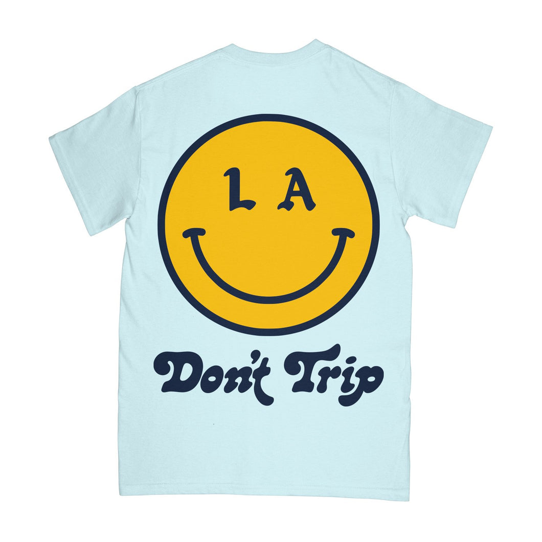 Be Happy LA SS Tee in light blue with a yellow and navy LA smiley face design on a white background -Free & Easy