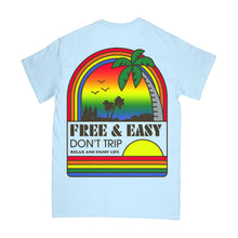 Load image into Gallery viewer, Sunset Rainbow Short Sleeve Tee in light blue with a multicolor rainbow design on a white background - Free &amp; Easy
