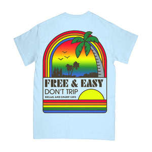 Sunset Rainbow Short Sleeve Tee in light blue with a multicolor rainbow design on a white background - Free & Easy