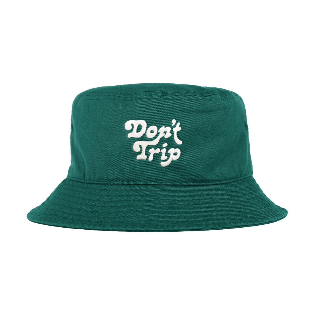 Free & Easy Don't Trip Bucket Hat in green with white Don't Trip embroidery on a white background -Free & Easy