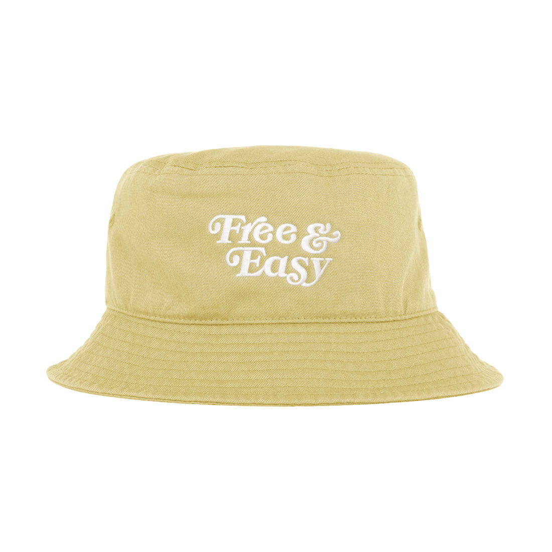 Free & Easy Don't Trip Bucket Hat in light yellow with white Free & Easy embroidery on a white background -Free & Easy