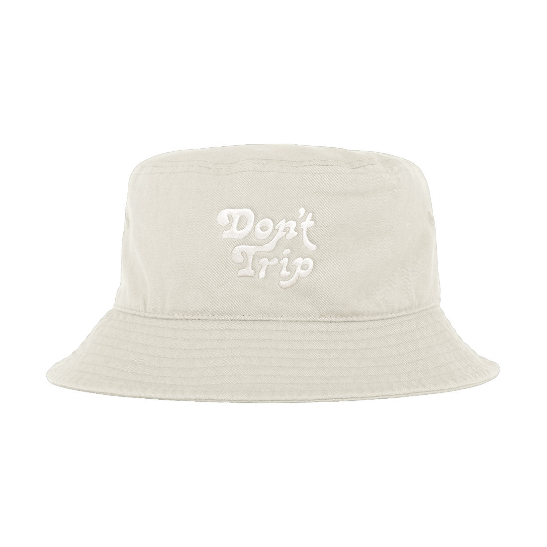 Free & Easy Don't Trip Bucket Hat in off-white with white Don't Trip embroidery on a white background -Free & Easy
