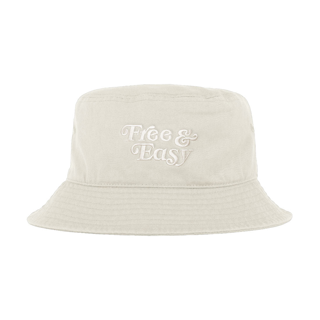 Free & Easy Don't Trip Bucket Hat in off-white with white Free & Easy embroidery on a white background -Free & Easy