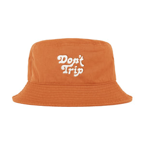 Free & Easy Don't Trip Bucket Hat in orange with white Don't Trip embroidery on a white background -Free & Easy