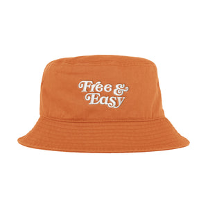 Free & Easy Don't Trip Bucket Hat in orange with white Free & Easy embroidery on a white background -Free & Easy