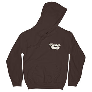 Don't Trip OG Hoodie in brown with white and brown Free & Easy logo design on front left side on a white background - Free & Easy